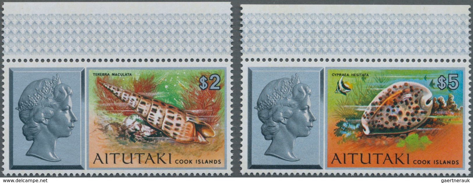 Aitutaki: 1975, Sea-animal Definitives Complete Set Of Two $2 ‚Terebra Maculata‘ And $5 ‚Cypraea Hes - Aitutaki