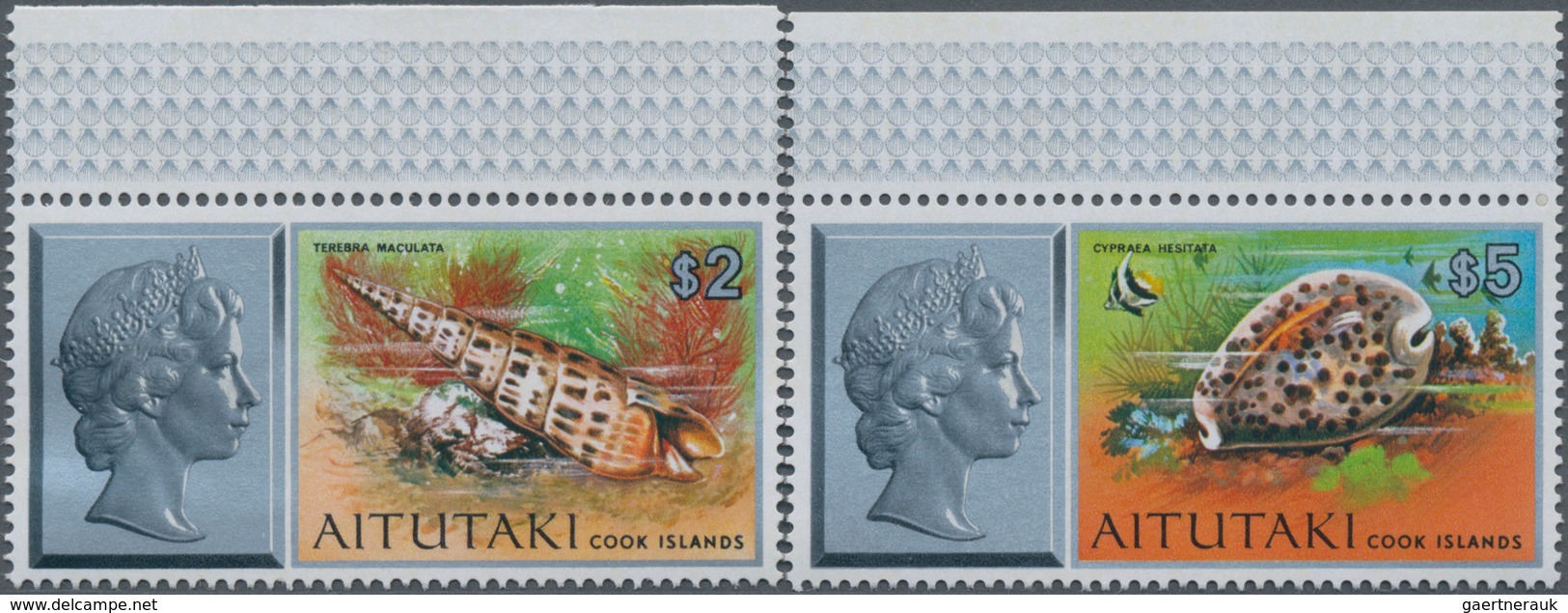 Aitutaki: 1975, Sea-animal Definitives Complete Set Of Two $2 ‚Terebra Maculata‘ And $5 ‚Cypraea Hes - Aitutaki