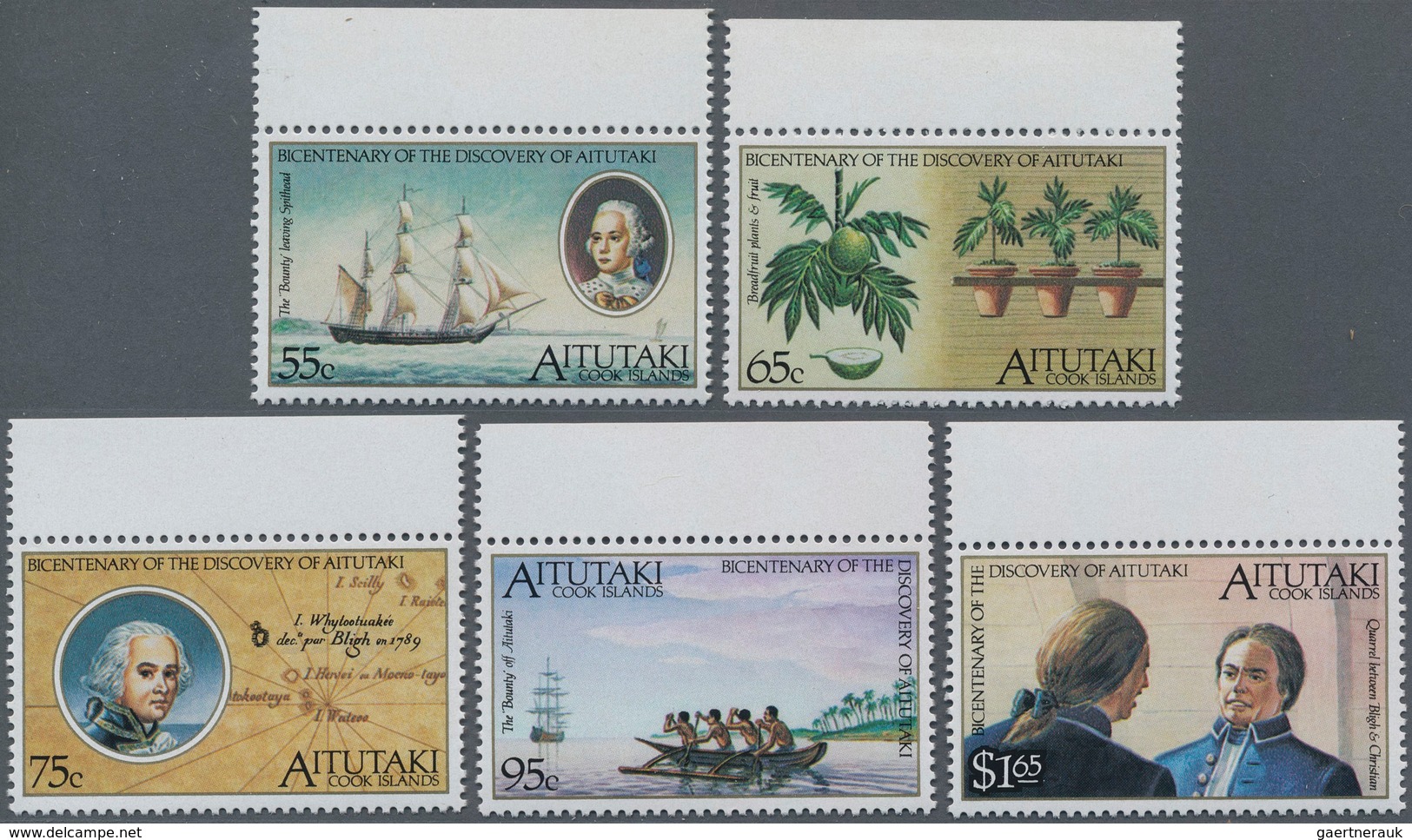 Aitutaki: 1989, Bicentenary Of The Discovery Of Aitutaki Complete Set Of Five (HMS Bounty, Captaqin - Aitutaki