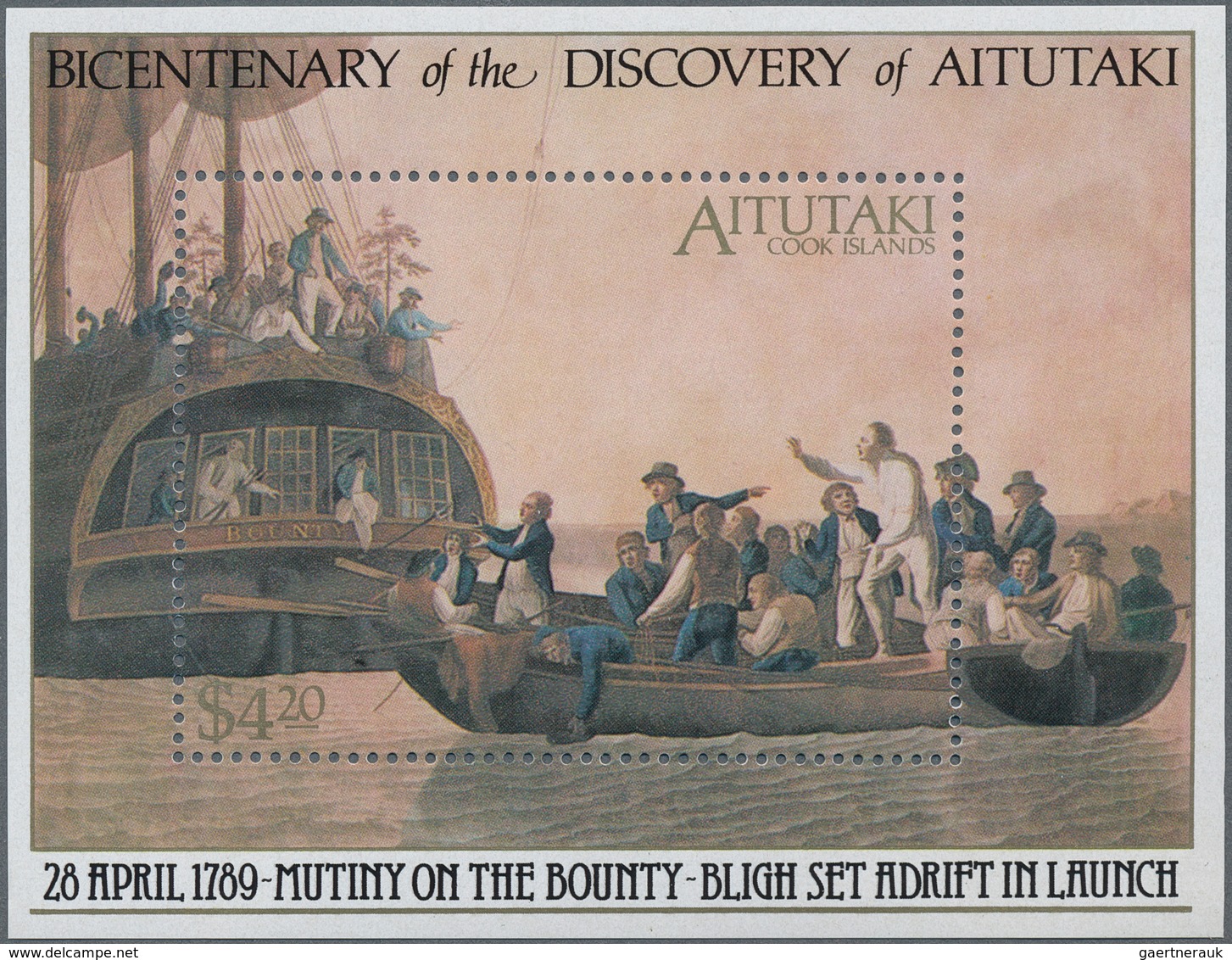 Aitutaki: 1989, Bicentenary Of The Discovery Of Aitutaki Miniature Sheet Showing ‚Mutiny On The Boun - Aitutaki