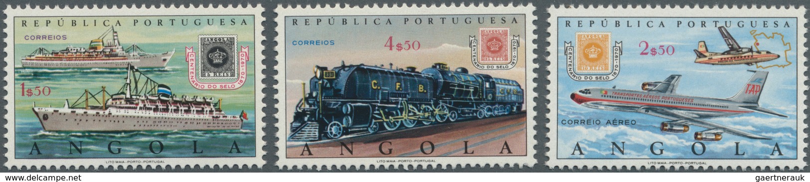 Angola: 1970, 100 Years Stamps Of Angola Complete Set Of Three (post Ships, Steam Locomotive And Air - Angola