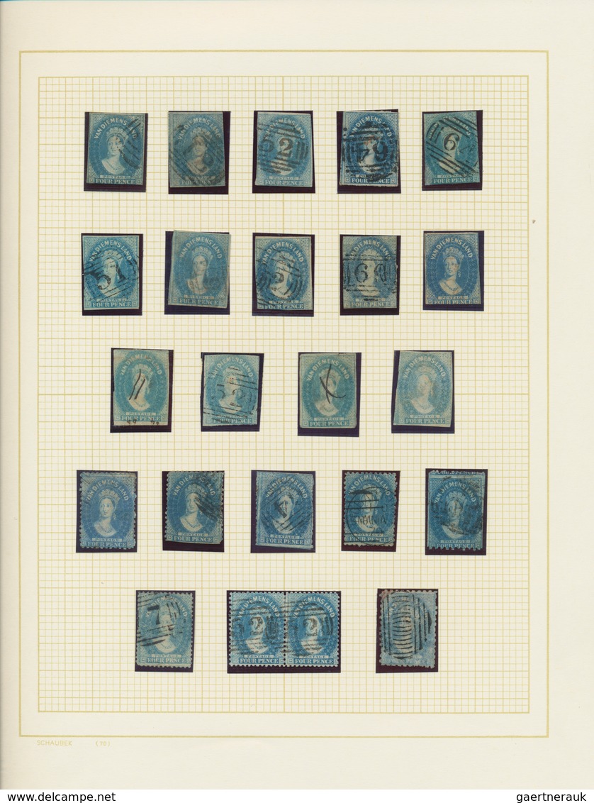 Tasmanien: 1855/1865 (ca.), Sepcialised Used Collection Of 93 Stamps Of The Chalon Heads Imperf./per - Briefe U. Dokumente