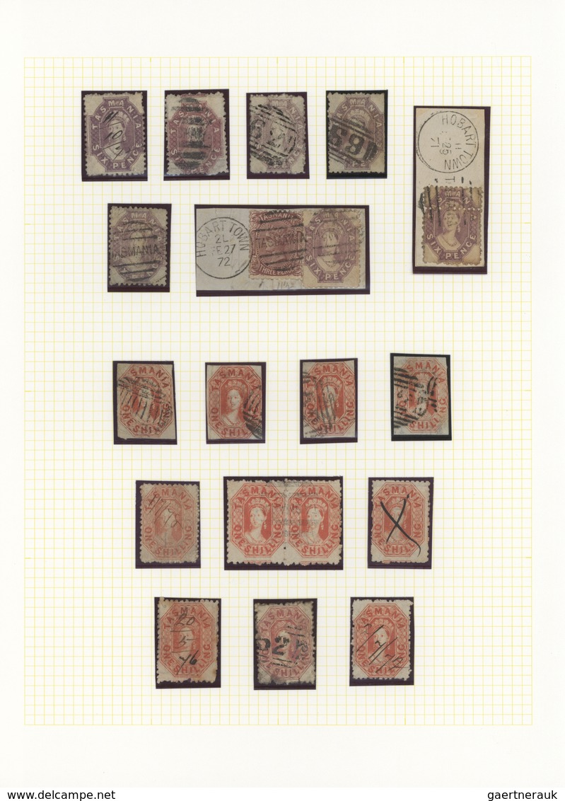 Tasmanien: 1857/1872 (ca.), Specialised Used Collection Of 6d. Lilac/violet (26) And 1s. Orange (11) - Briefe U. Dokumente