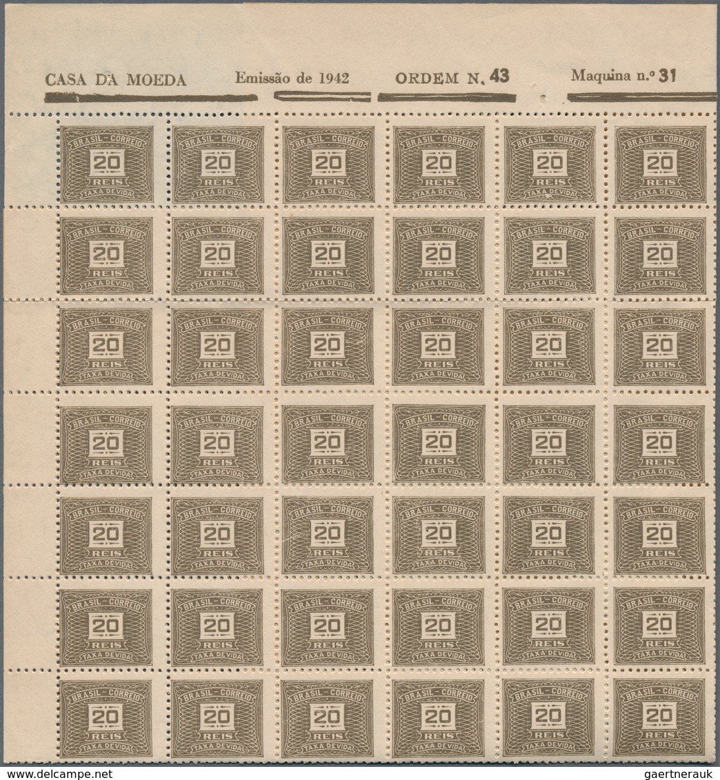 Brasilien - Portomarken: 1949, Postage Due 20 Reis Grey Brown (Wm.17), 1600 Stamps In Large Blocks W - Portomarken