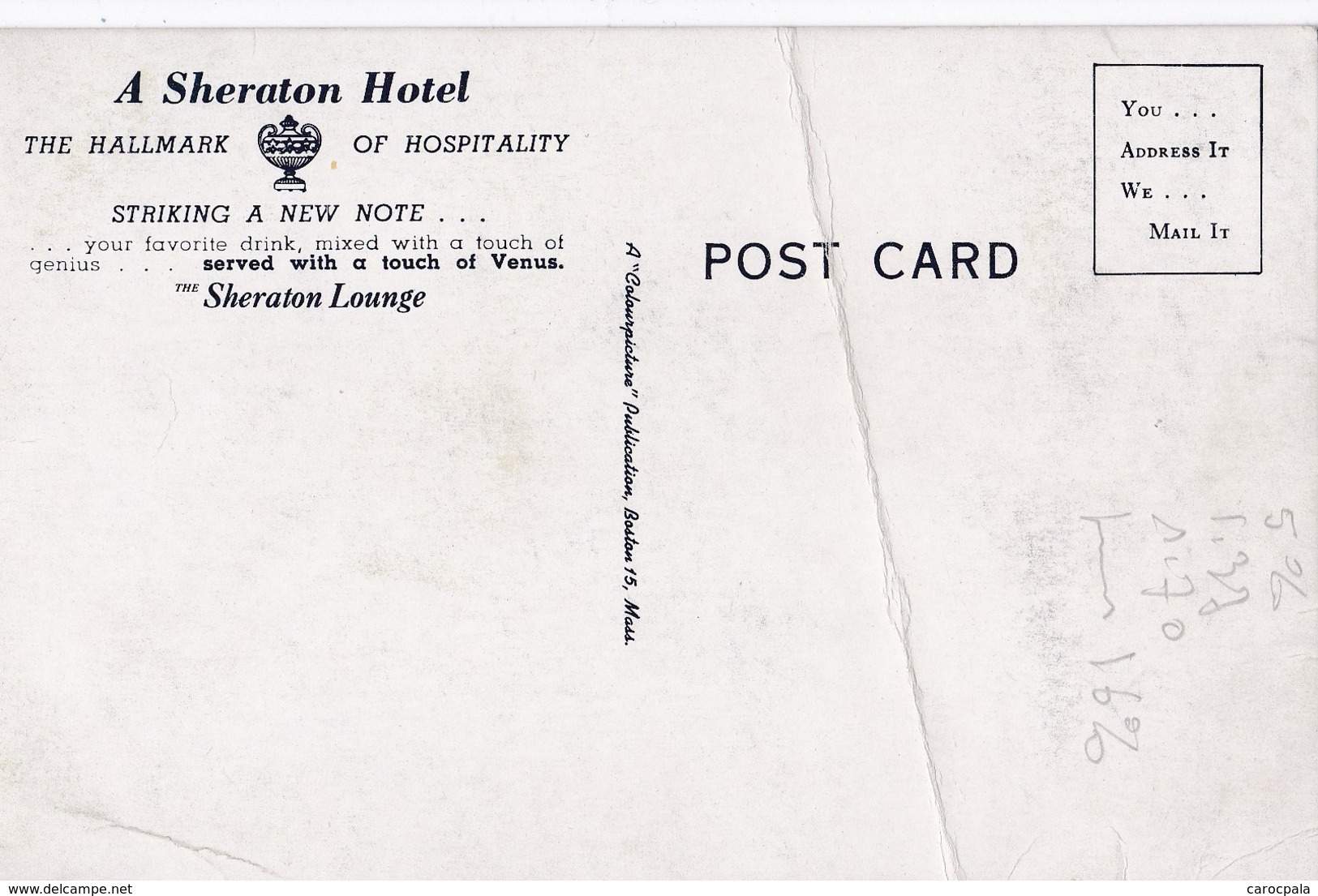 Carte 1930 SHERATON HOTEL LOUNGE SERVED WITH A TOUCH OF VENUS - Boston