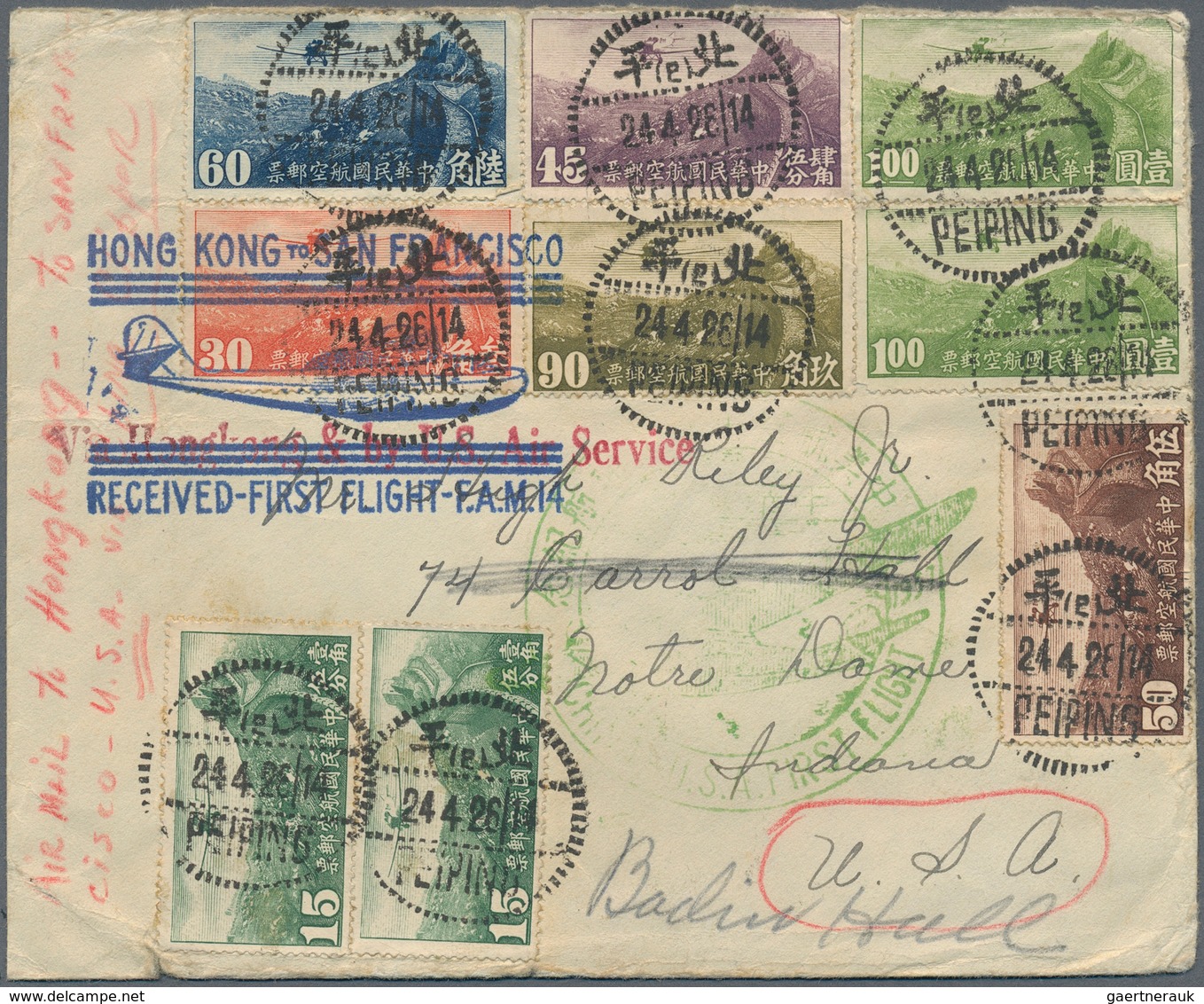 China: 1937/47, Covers (6), Mostly Airmails Inc 1937 Clipper Commercial FFC "PEIPING 24.4.26" To US, - Sonstige & Ohne Zuordnung