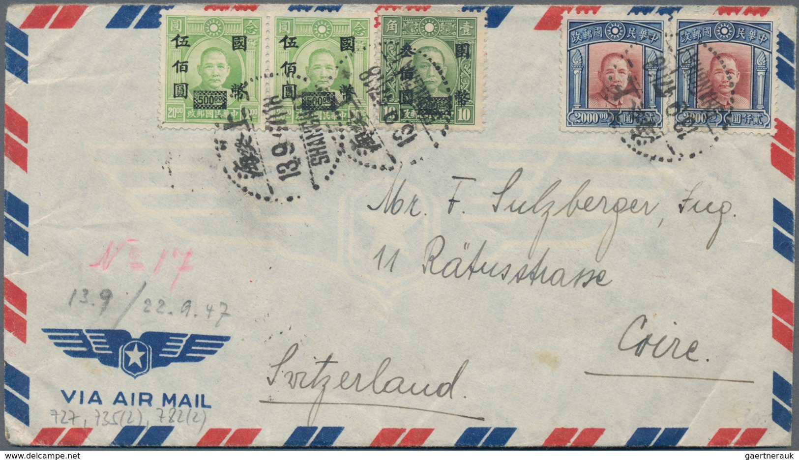 China: 1946/1947, Four Airmail Letters, 3 From SHANGHAI And One From CANTON Sent To Switzerland, USA - Sonstige & Ohne Zuordnung