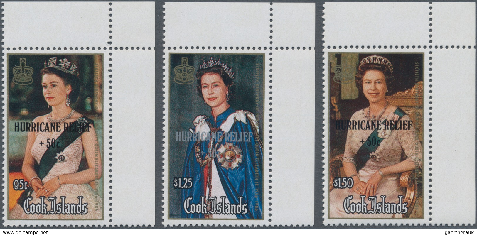 Cook-Inseln: 1987, 60th Birthday Of QEII Complete Set Of Three With Black Or Silver Opt. ‚HURRICANE - Cookinseln