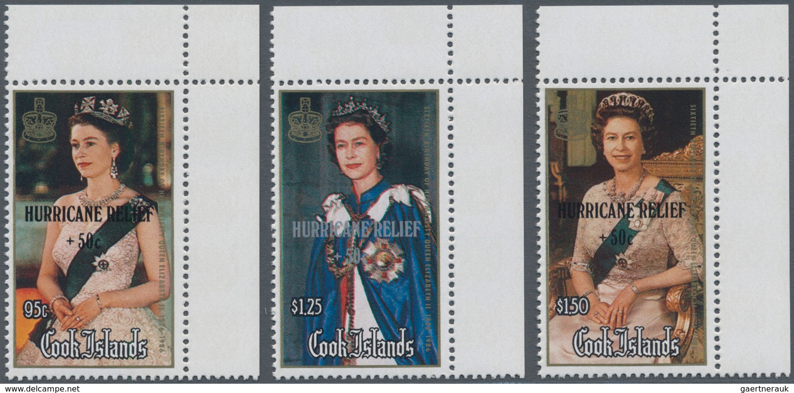 Cook-Inseln: 1987, 60th Birthday Of QEII Complete Set Of Three With Black Or Silver Opt. ‚HURRICANE - Cookinseln