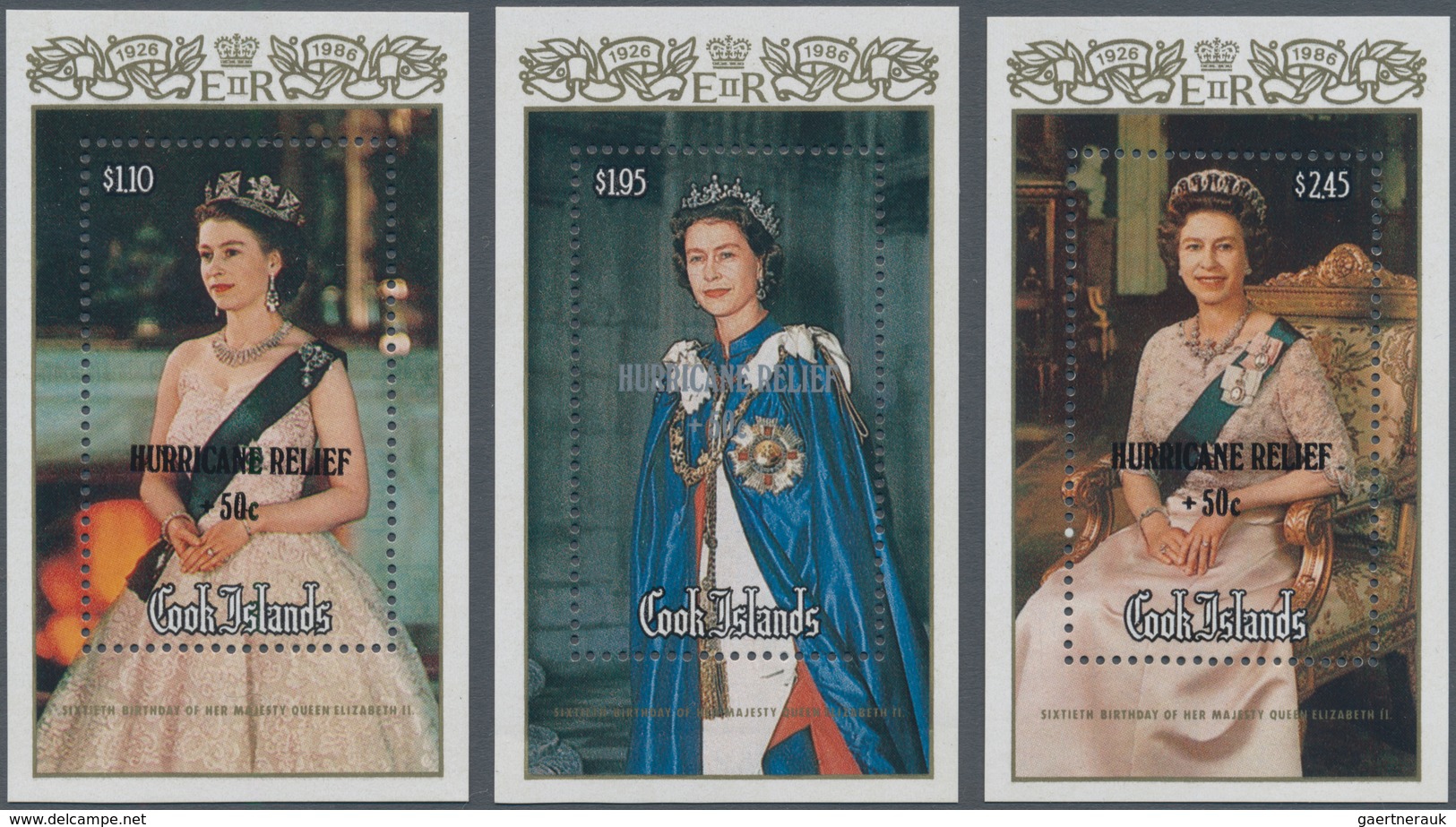 Cook-Inseln: 1987, 60th Birthday Of QEII Complete Set Of Three Miniature Sheets With Black Or Silver - Cookinseln