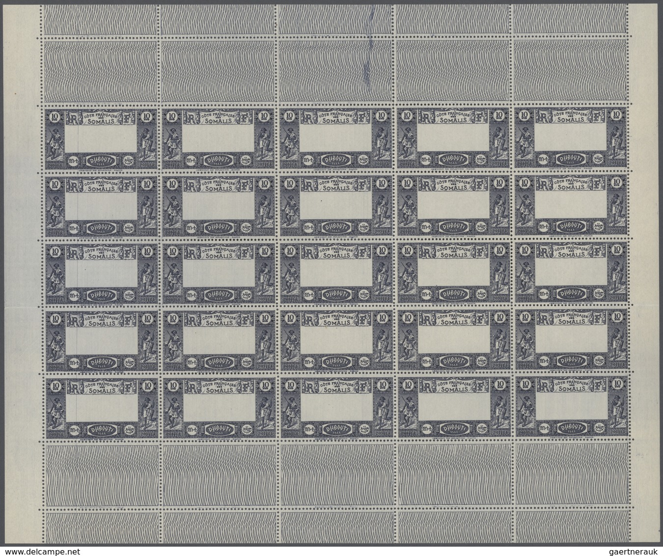 Dschibuti: 1938, Definitives "Views Of Djibouti", 10fr. Showing Variety "Missing Centre", Pane Of 25 - Sonstige & Ohne Zuordnung