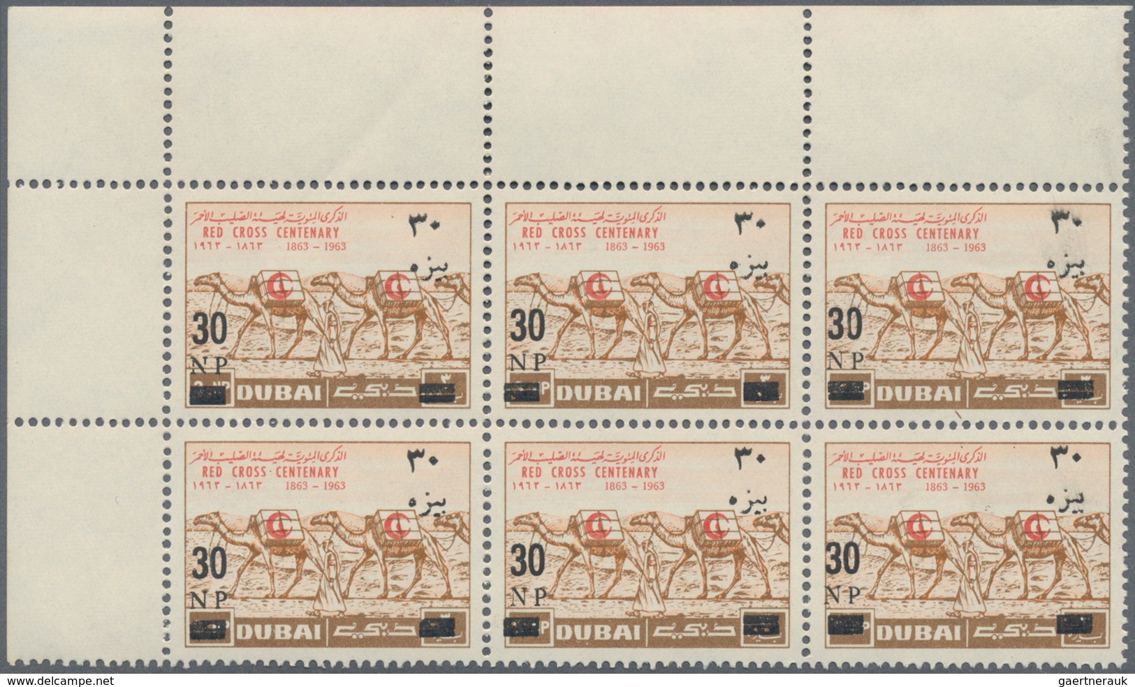 Dubai: 1964, Red Cross Centenary Set Of Two Surcharged Stamps Incl. 20 NP On 2np. And 30 NP On 3np. - Dubai