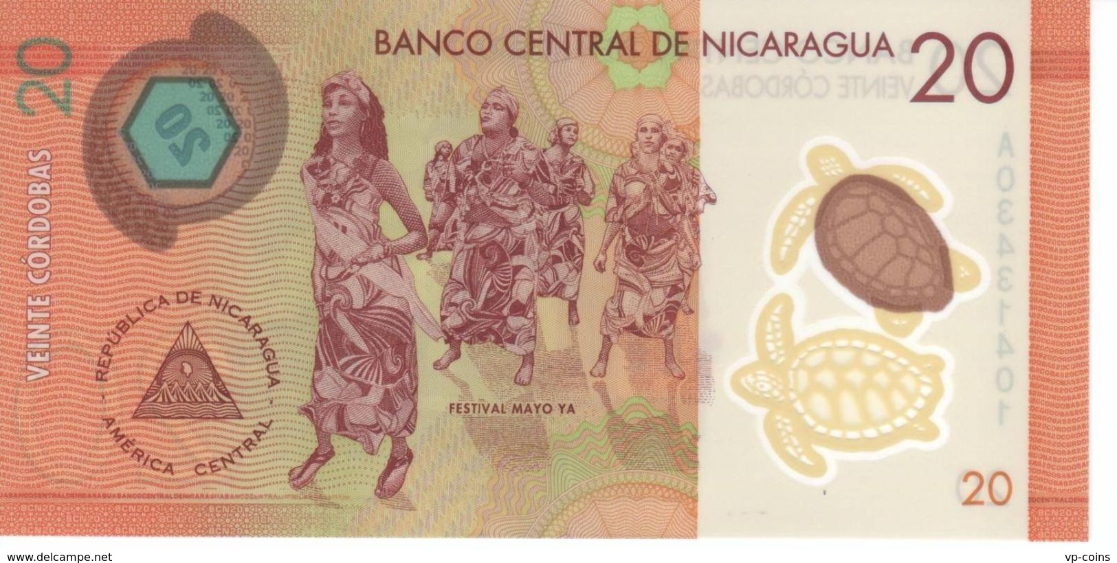 Nicaragua. Banknote. 20th Cordoba. Church. Festival. Turtle. UNC. 2014. Polymer - Nicaragua