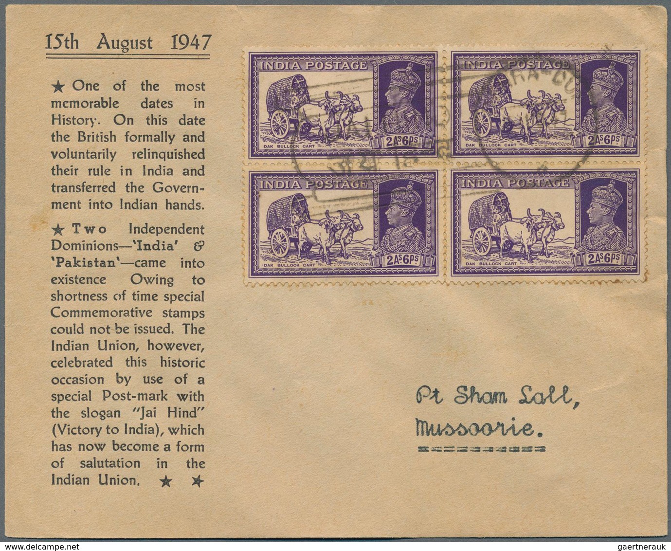 Indien: 1947 (15 Aug) JAI HIND: Ten Illustrated Envelopes (brown Or Bluish) Inscribed '15th August 1 - 1852 Provinz Von Sind
