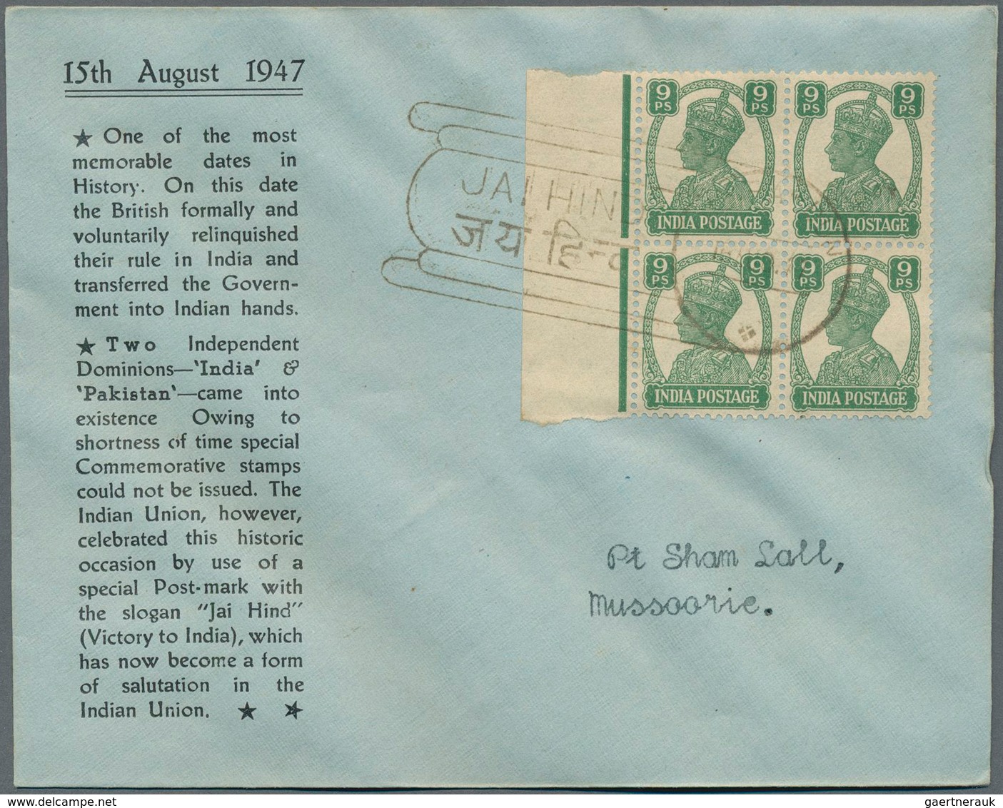 Indien: 1947 (15 Aug) JAI HIND: Ten Illustrated Envelopes (brown Or Bluish) Inscribed '15th August 1 - 1852 Provinz Von Sind