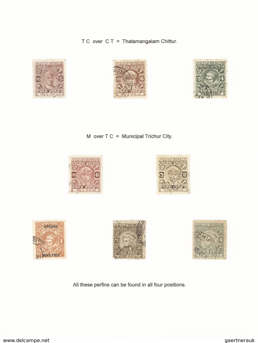 Indien - Feudalstaaten: COCHIN 1911-1940's PERFINS: Collection Of 52 Used Stamps And Two Stamps Used - Sonstige & Ohne Zuordnung