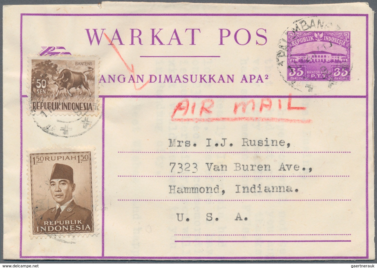 Indonesien: 1949/97 (ca.), stationery envelopes (warkat pos / postblad) specialized stock: 10 S. (mi