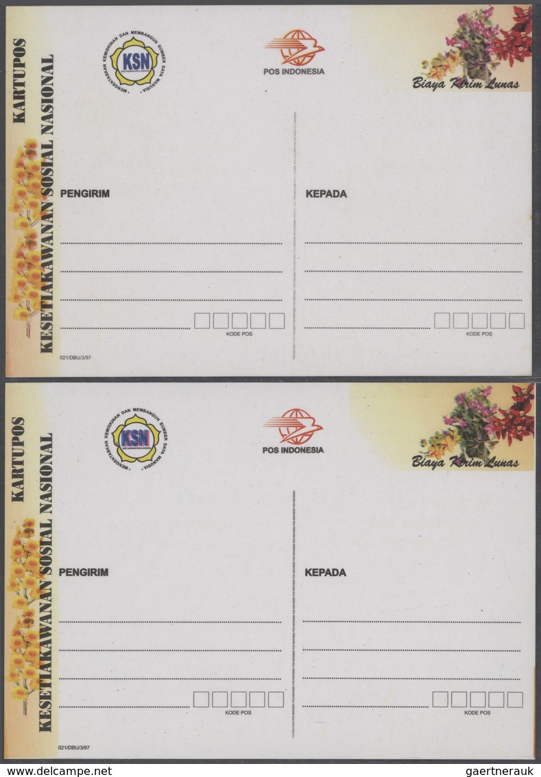 Indonesien: 1998, interesting lot with 10 stationery cards with varieties and prints of only one col