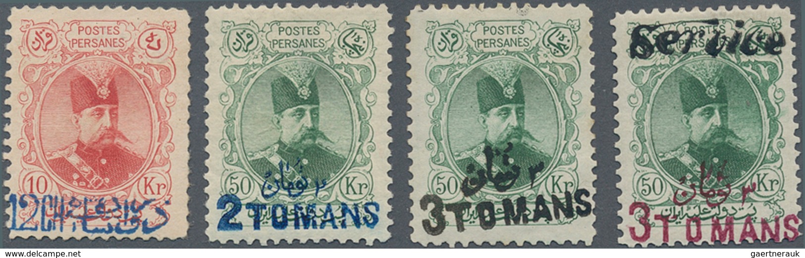 Iran: 1903, Four Stamps Shah Mozaffar With Overprints: 12 Ch On 10 Kr (small Thin Spot) 2 T On 50 Kr - Iran