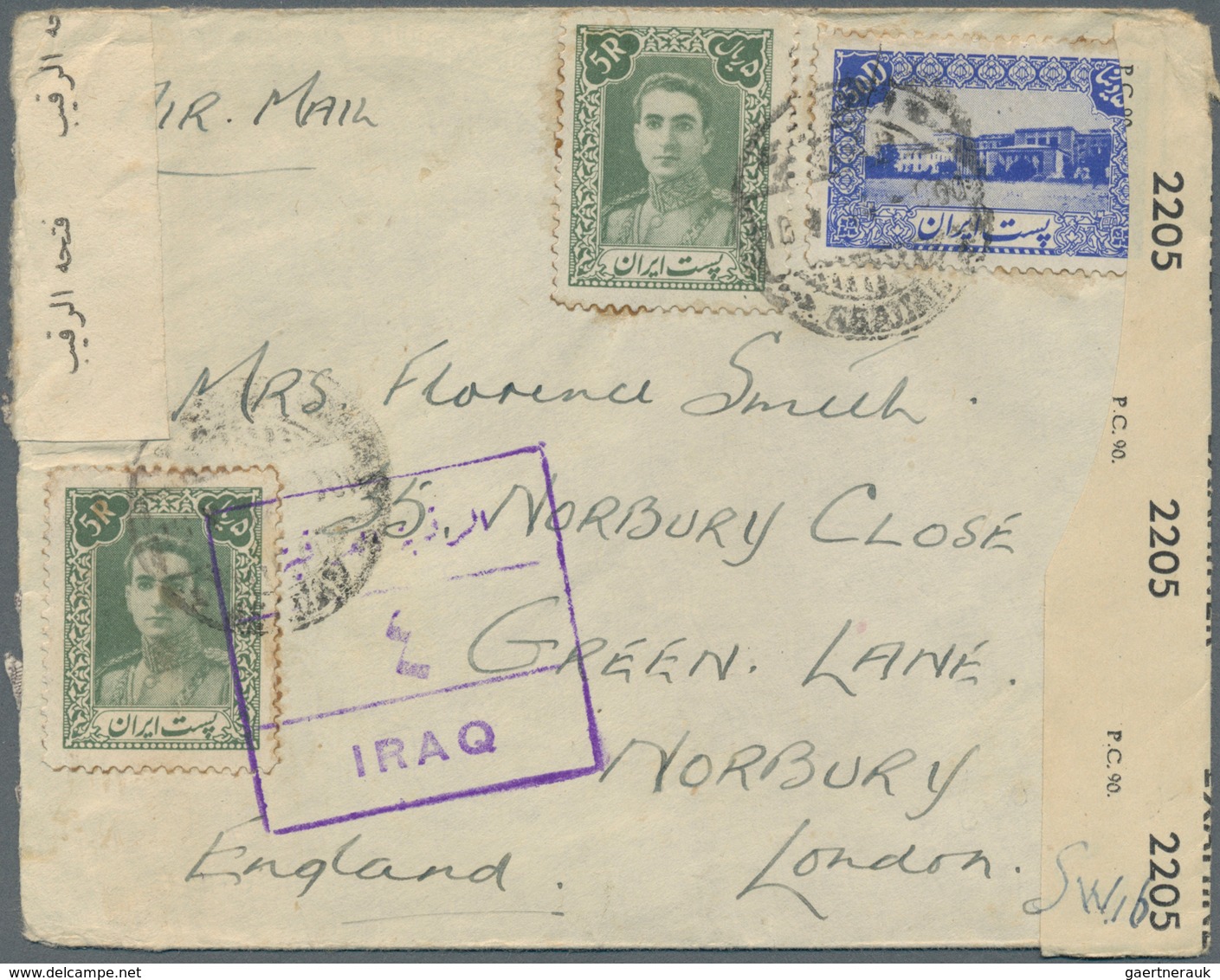 Iran: 1942/1945 (ca.), Six Covers With Franking Definitives 1942 To England Via Iraq, Opend And Cens - Iran