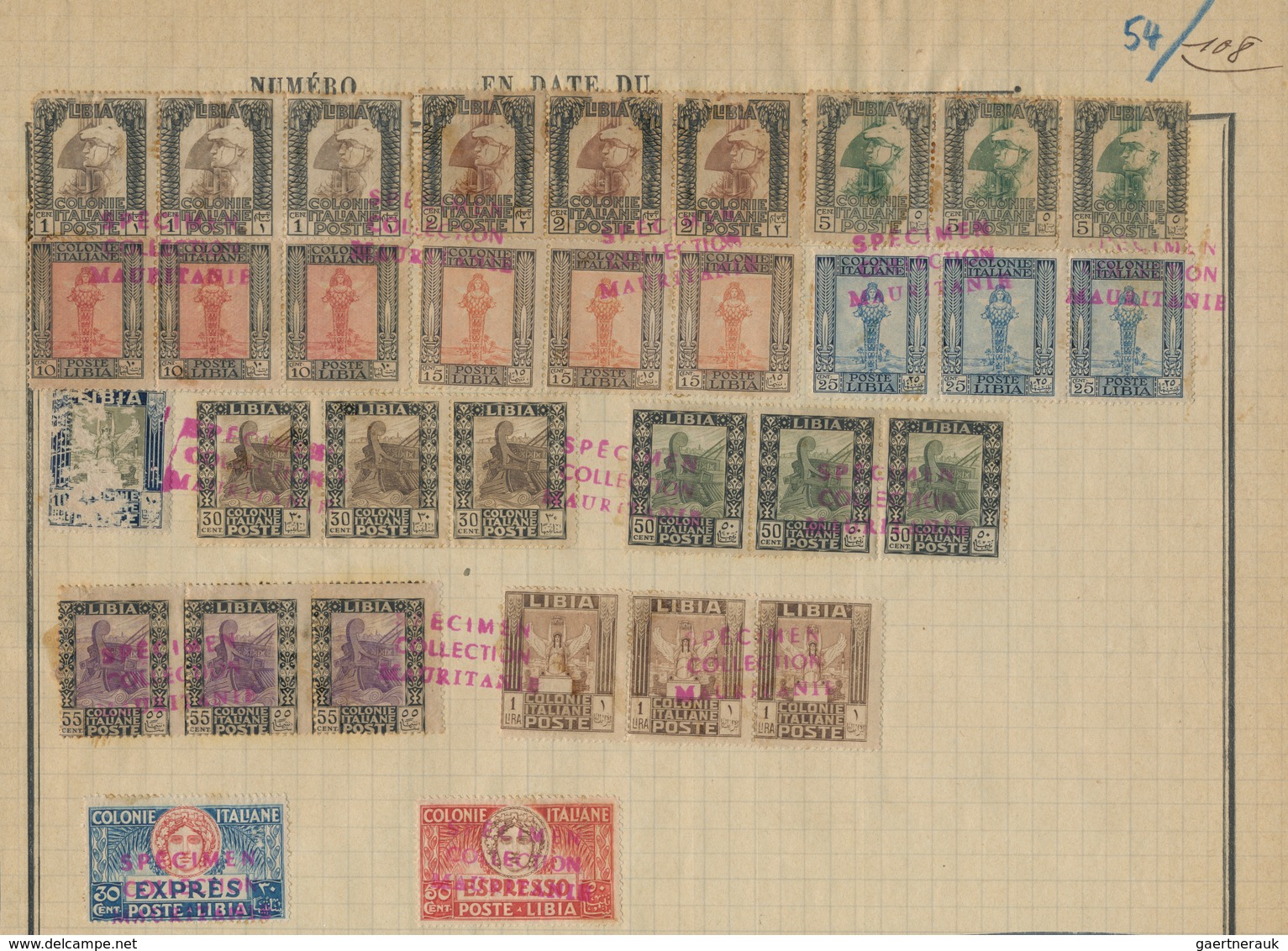 Italienisch-Libyen: 1930-1940 (ca). 16 Strips Of 3 On UPU Album Page (+ 2 Plain), Red Overprint "Spe - Libyen