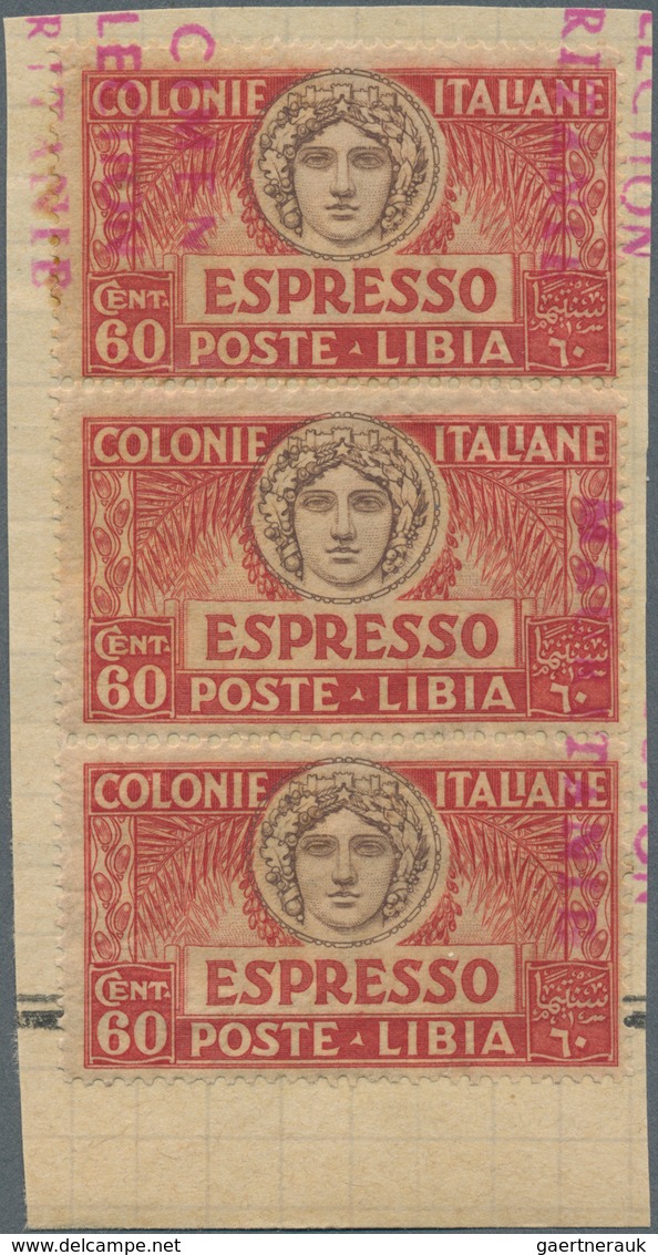 Italienisch-Libyen: 1930-1940 (ca). 16 Strips Of 3 On UPU Album Page (+ 2 Plain), Red Overprint "Spe - Libyen