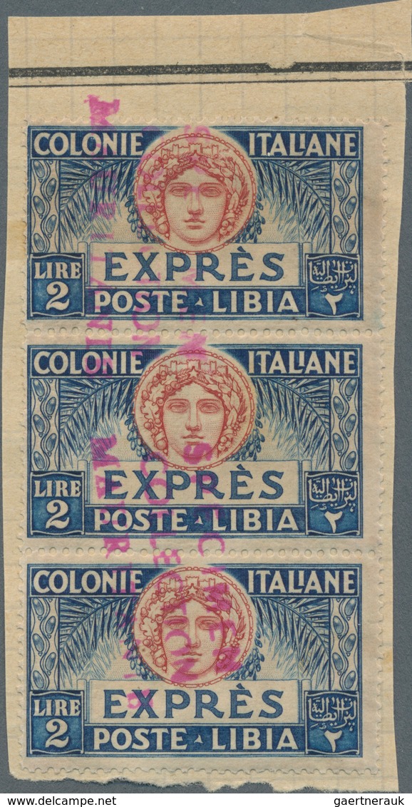 Italienisch-Libyen: 1930-1940 (ca). 16 Strips Of 3 On UPU Album Page (+ 2 Plain), Red Overprint "Spe - Libyen