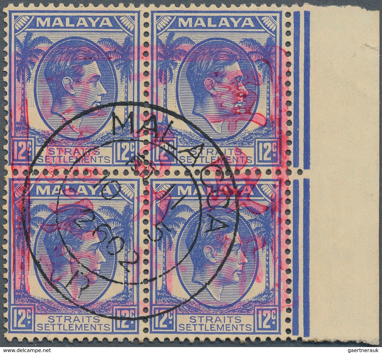 Japanische Besetzung  WK II - Malaya: Malacca, 1942, Complete Large Seal On KGVI 12 C., A Right Marg - Malaysia (1964-...)