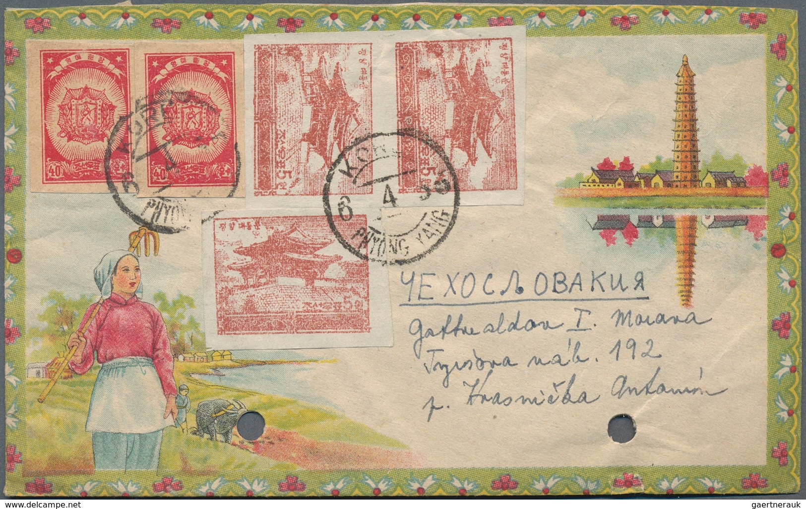 Korea-Nord: 1952/80, lot covers /7), used ppc (10) resp. used stationery envelopes (2). Mostly used