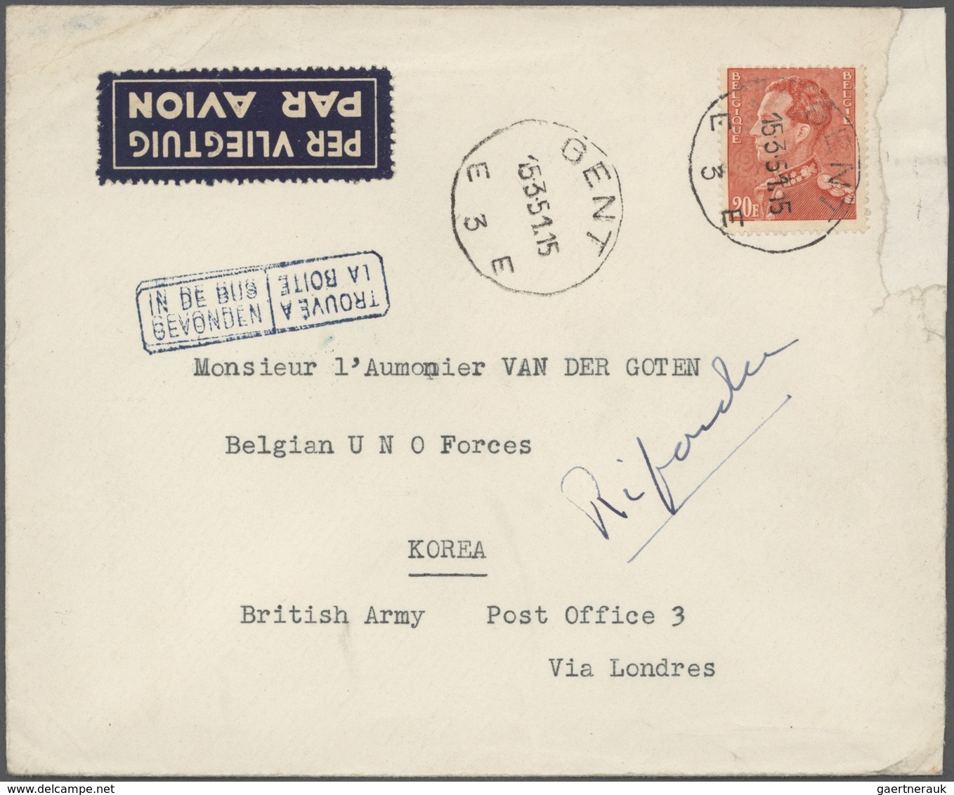 Korea-Süd: Korean War, Belgian Contingent: 1951/54, Covers (9 Inc. A Ppc) From Belgium To "Belgian U - Korea (Süd-)