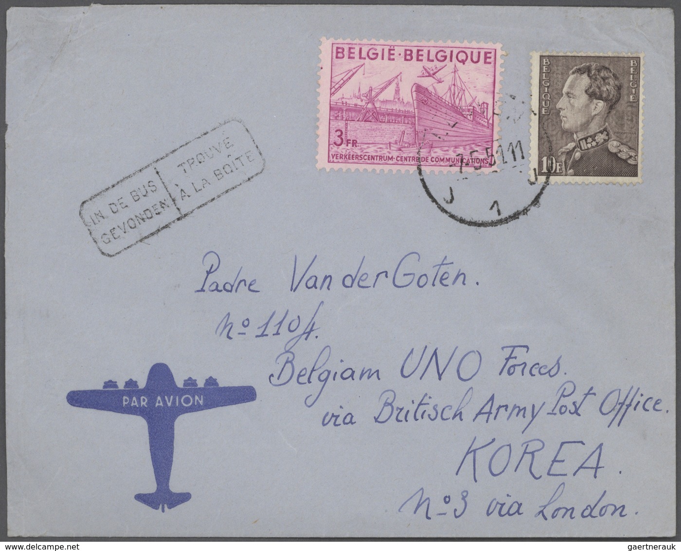 Korea-Süd: Korean War, Belgian contingent: 1951/54, covers (9 inc. a ppc) from Belgium to "Belgian U
