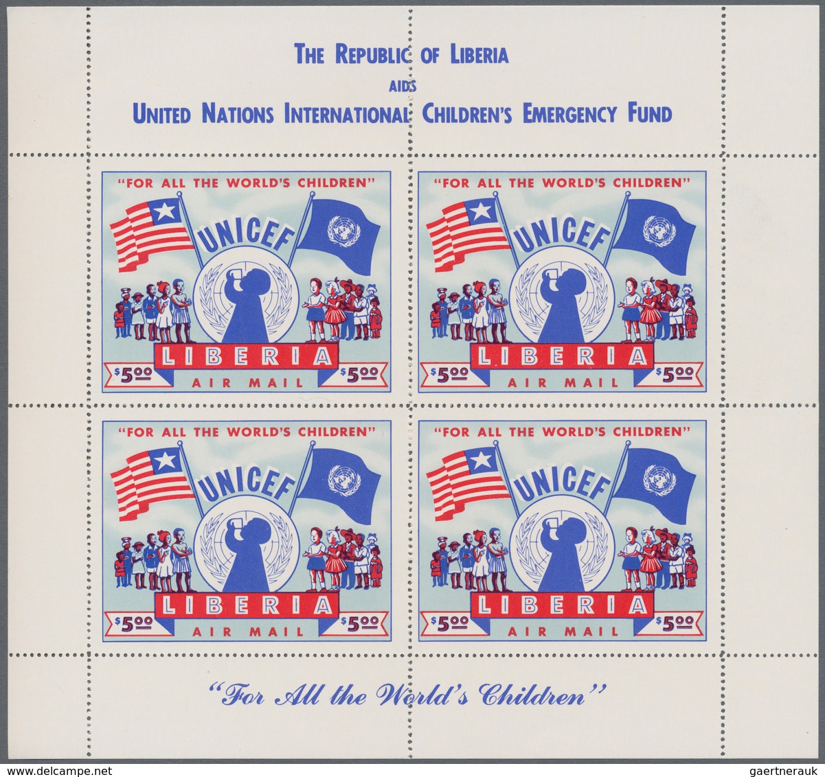 Liberia: 1954, LIBERIA: UNICEF 5$ Red/blue (63 X 49 Mm) In A Lot With About 40 Complete Sheetlets Wi - Liberia