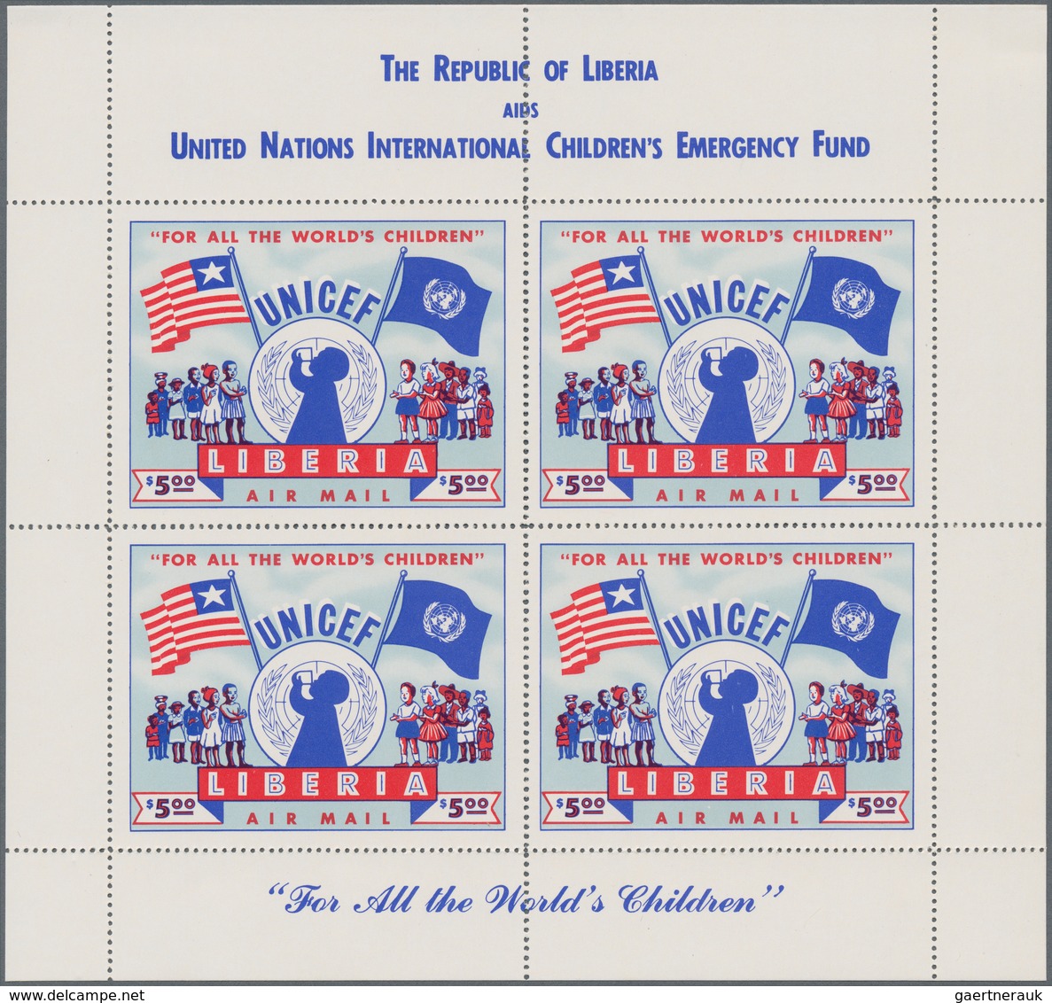 Liberia: 1954, UNICEF 5$ Red/blue (63 X 49 Mm) In A Lot With 140 Complete Sheetlets With Four Stamps - Liberia