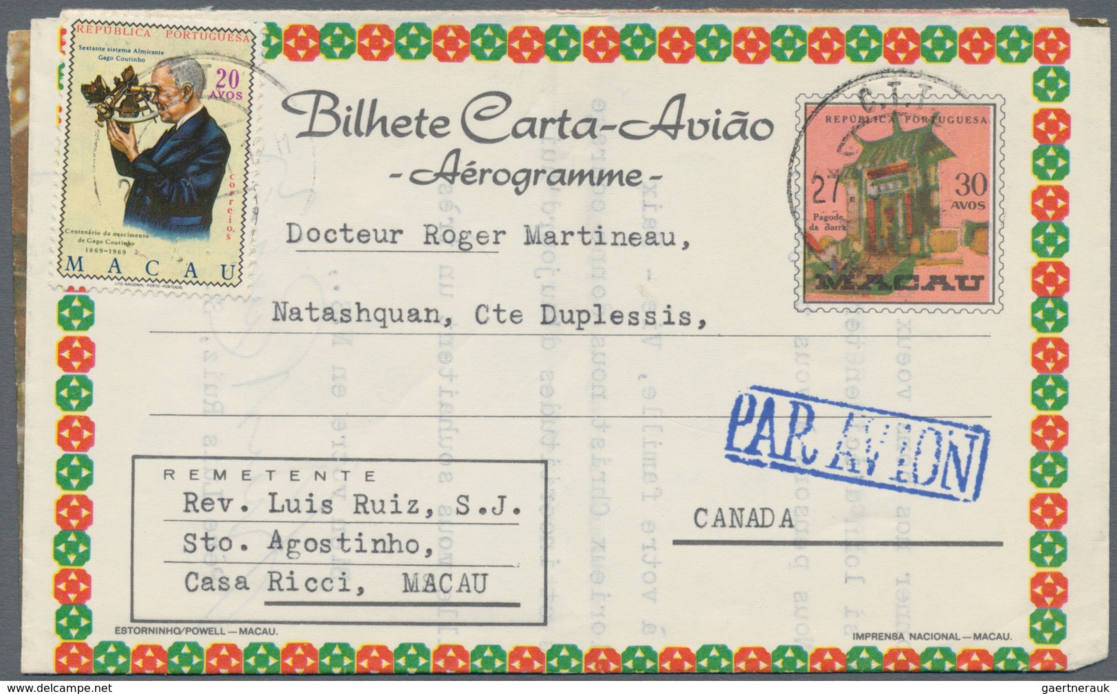 Macau - Ganzsachen: 1955/86 ca. 46 used and unused airgrams many were sent abroad one to Doris Day (