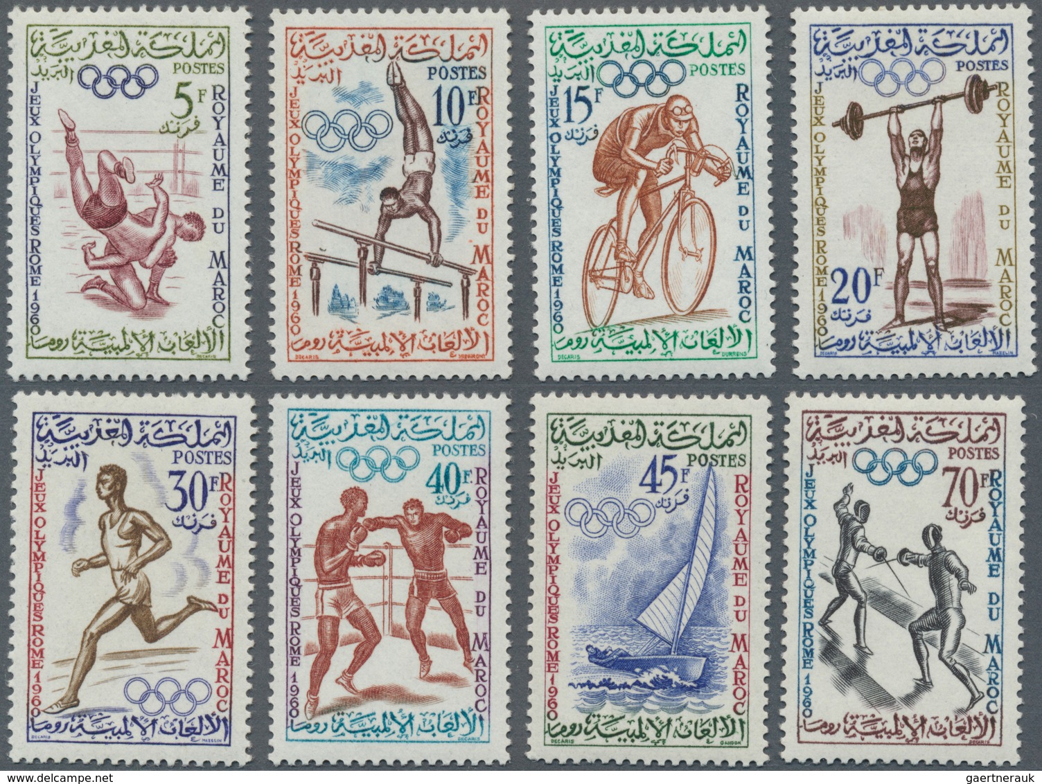Marokko: 1960, Summer Olympics Rome Complete Set Of Eight (wrestling, Cycling, Sailing, Boxing, Figh - Ungebraucht
