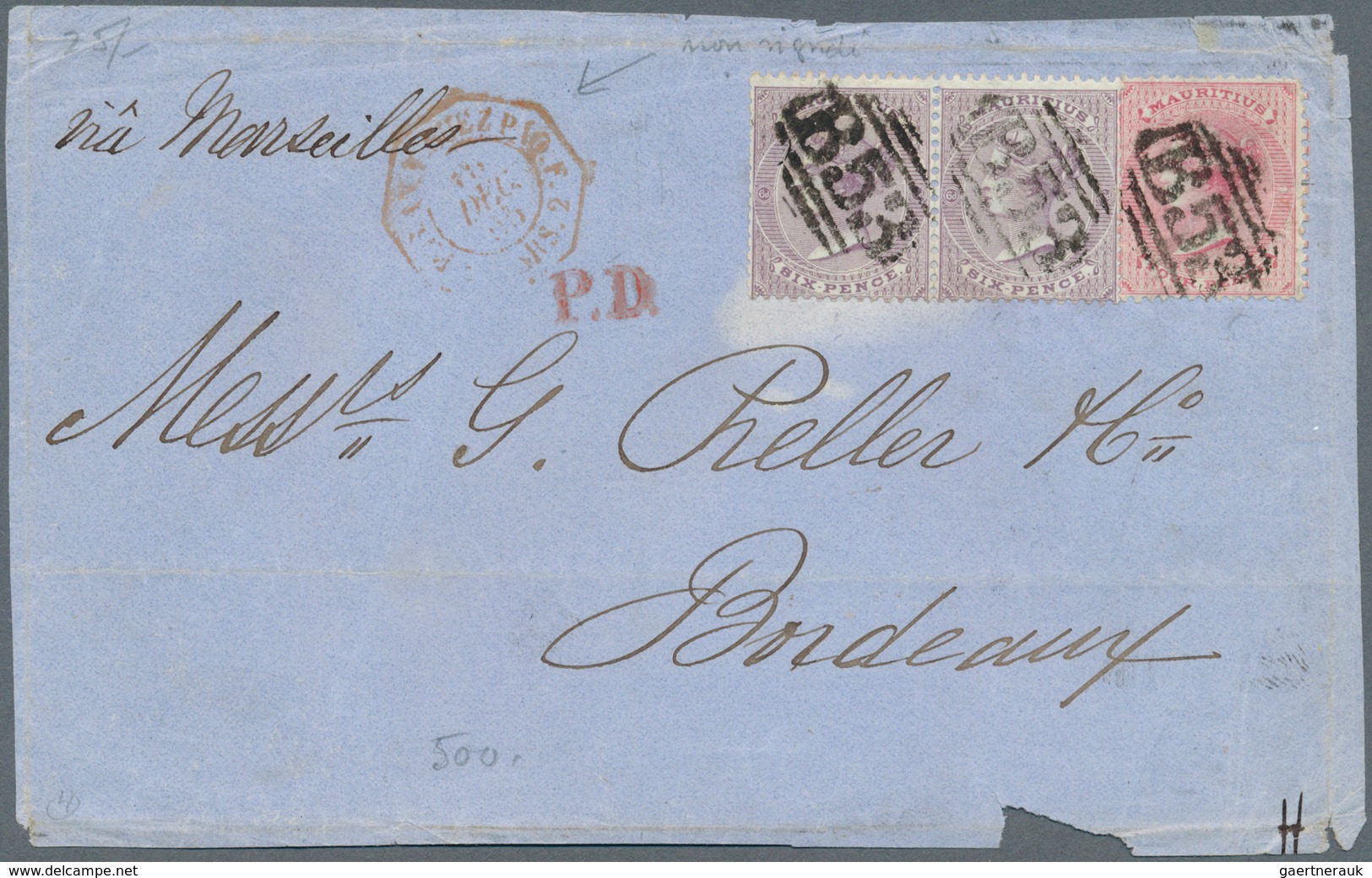 Mauritius: 1860/1873, 19 letters and large letter parts to and from Mauritius, most of them with exp