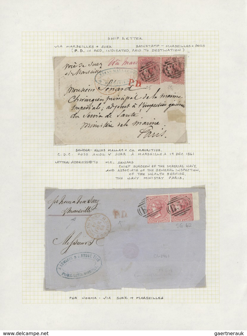 Mauritius: 1860/1873, 19 letters and large letter parts to and from Mauritius, most of them with exp