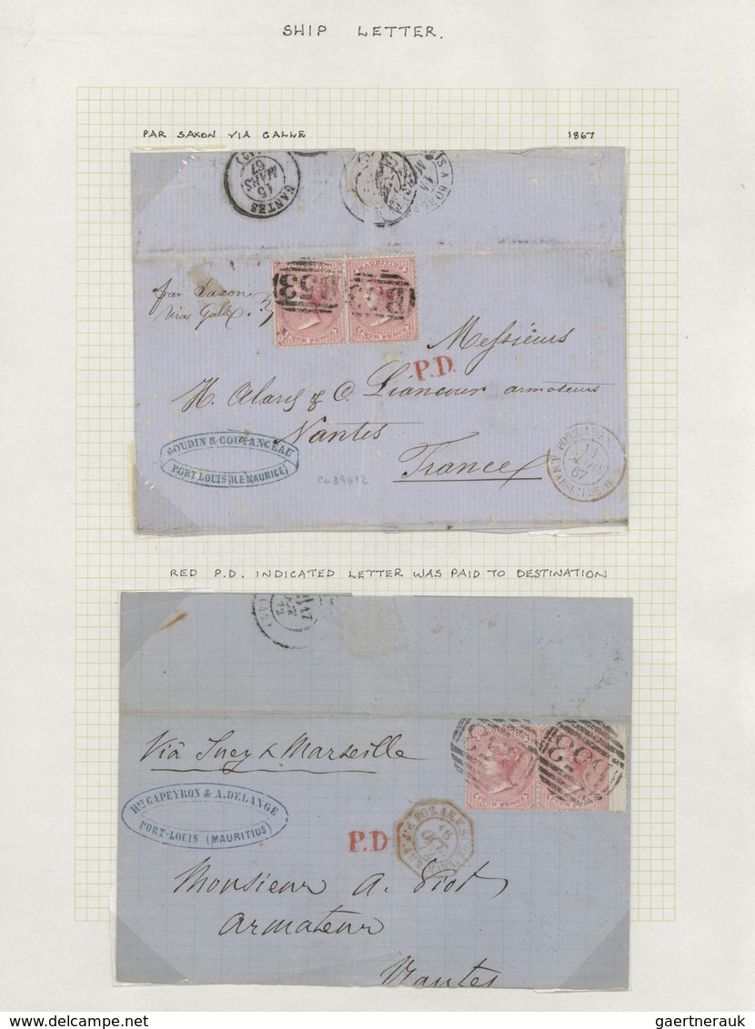 Mauritius: 1860/1873, 19 letters and large letter parts to and from Mauritius, most of them with exp