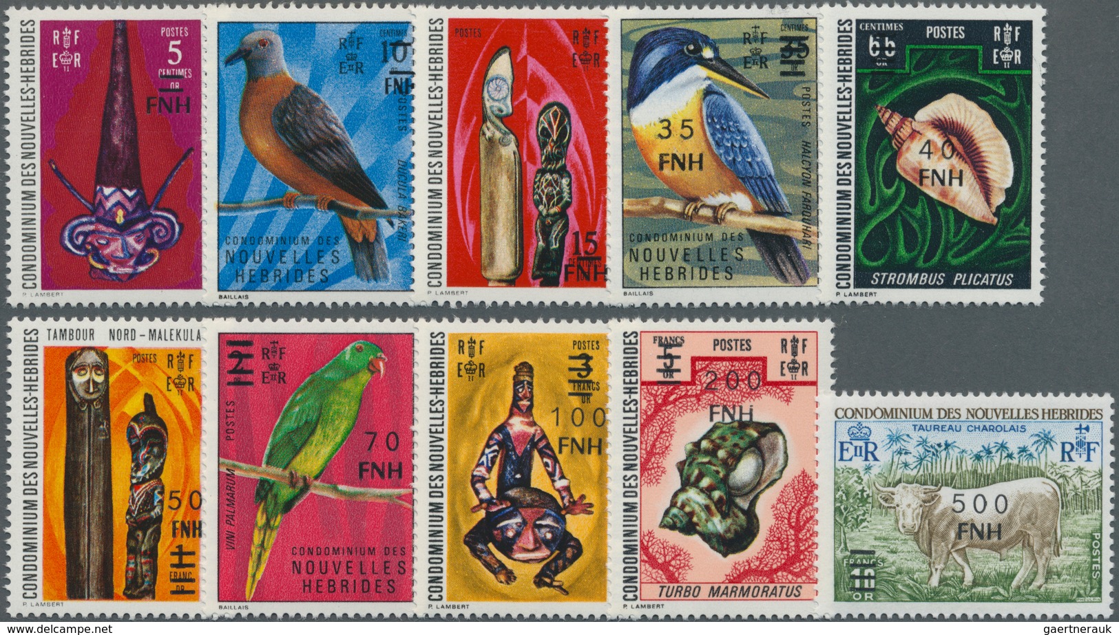 Neue Hebriden: 1977, French Value Definitive Issue Part Set Of Ten With LOCAL OVERPRINT Of New Curre - Andere & Zonder Classificatie