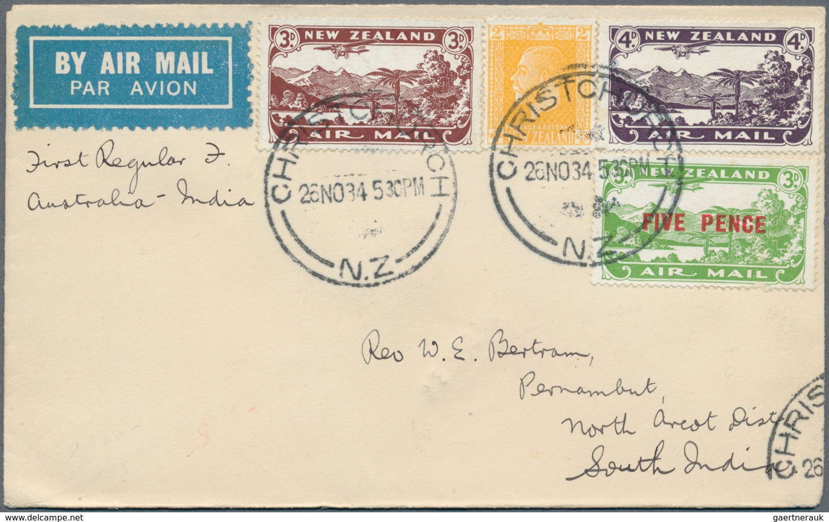 Neuseeland: 1934-37: Five Airmail Covers, With 1934 Cover To India And P/s Envelope 1d. On 2d. Used - Briefe U. Dokumente