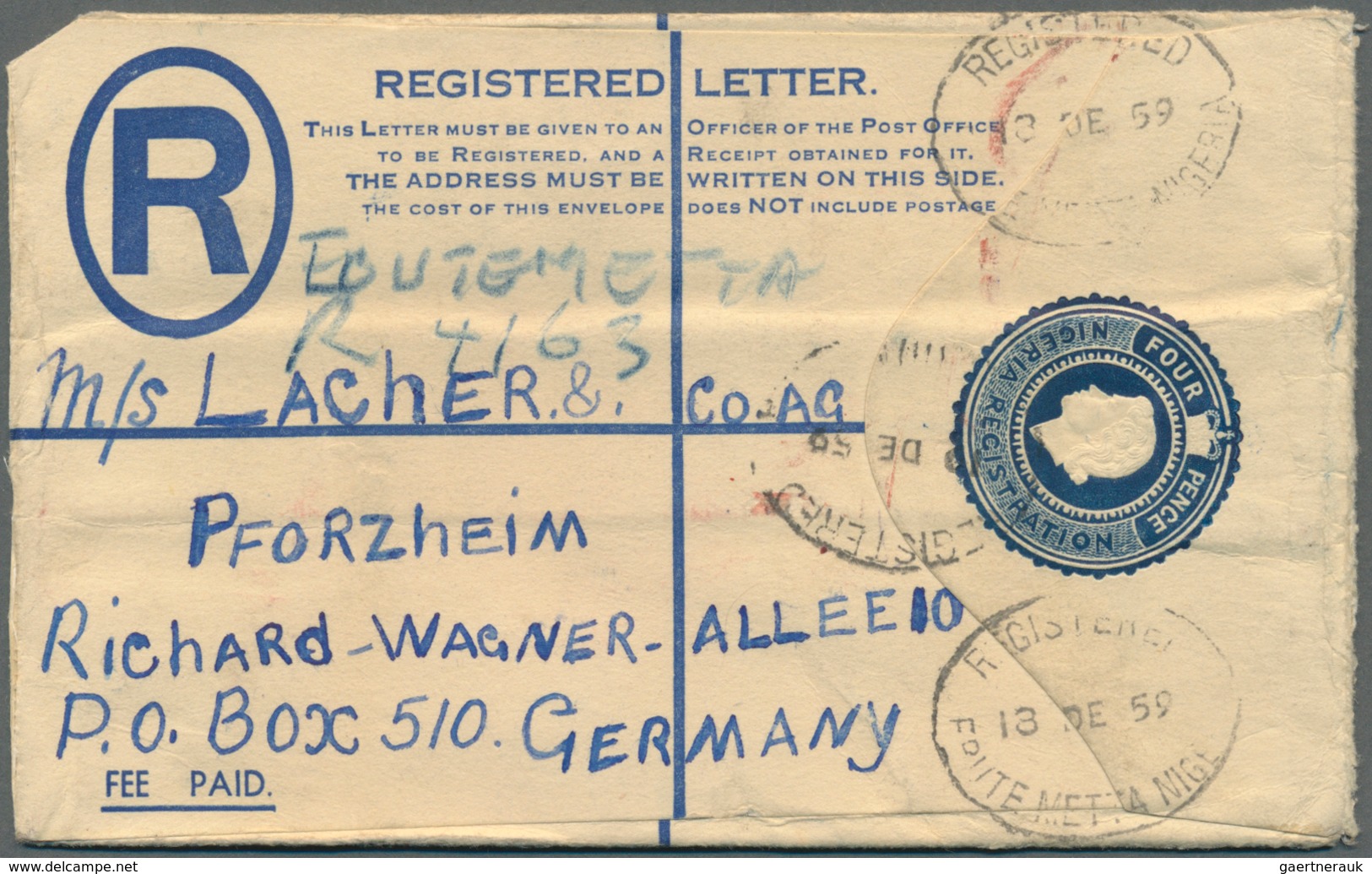 Nigeria: 1959/1960, Group Of Six Uprated Registered Stationery Envelopes Of Various Issues, Sent To - Nigeria (...-1960)