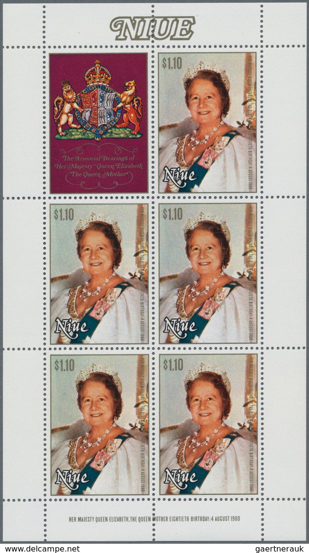 Niue: 1980, 80th Birthday Of Queen Mum $1.10 Sheetlet Of Five + Printed Label In A Lot With 80 Compl - Niue