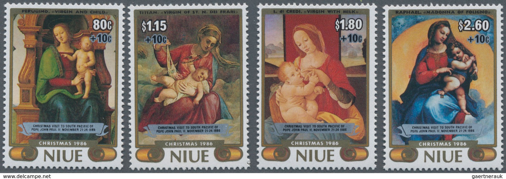 Niue: 1986, Christmas Complete Set Of Four With Different Paintings (Tizian, Raffael Etc.) And Silve - Niue