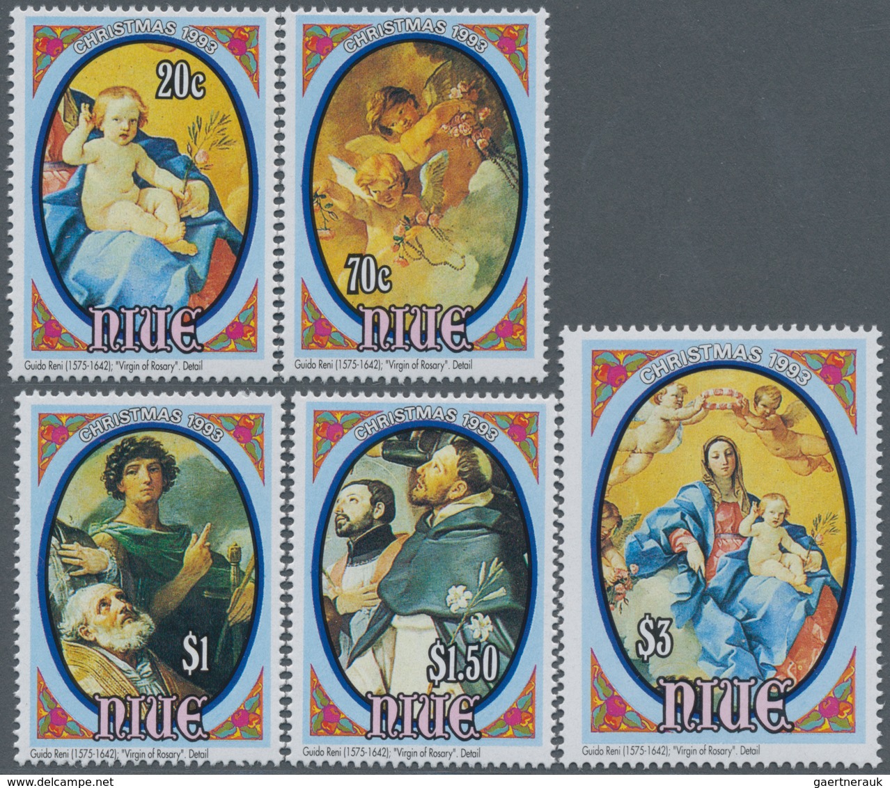 Niue: 1993, Christmas Complete Set Of Five With Painting From Guido Reni (details Of Rosary Madonna) - Niue