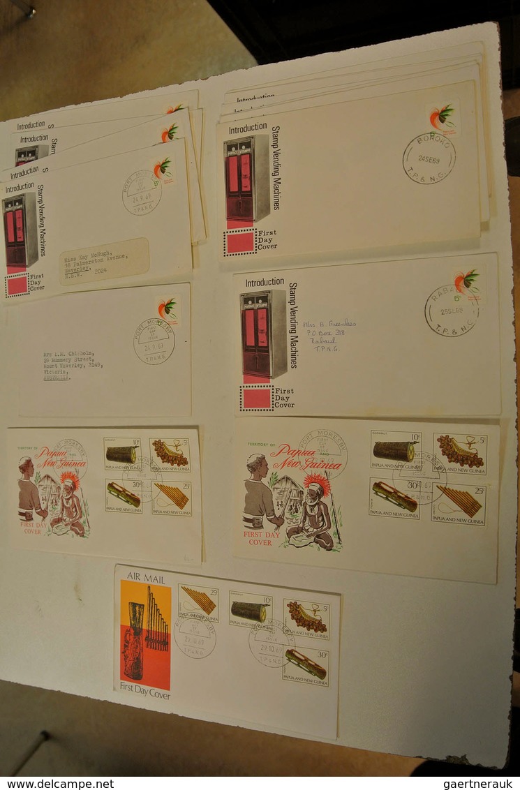 Papua Neuguinea: 1952/88: Lot of ca. 1400 FDC's of Papua New Guinea 1952-1988 in large box. Lot cont