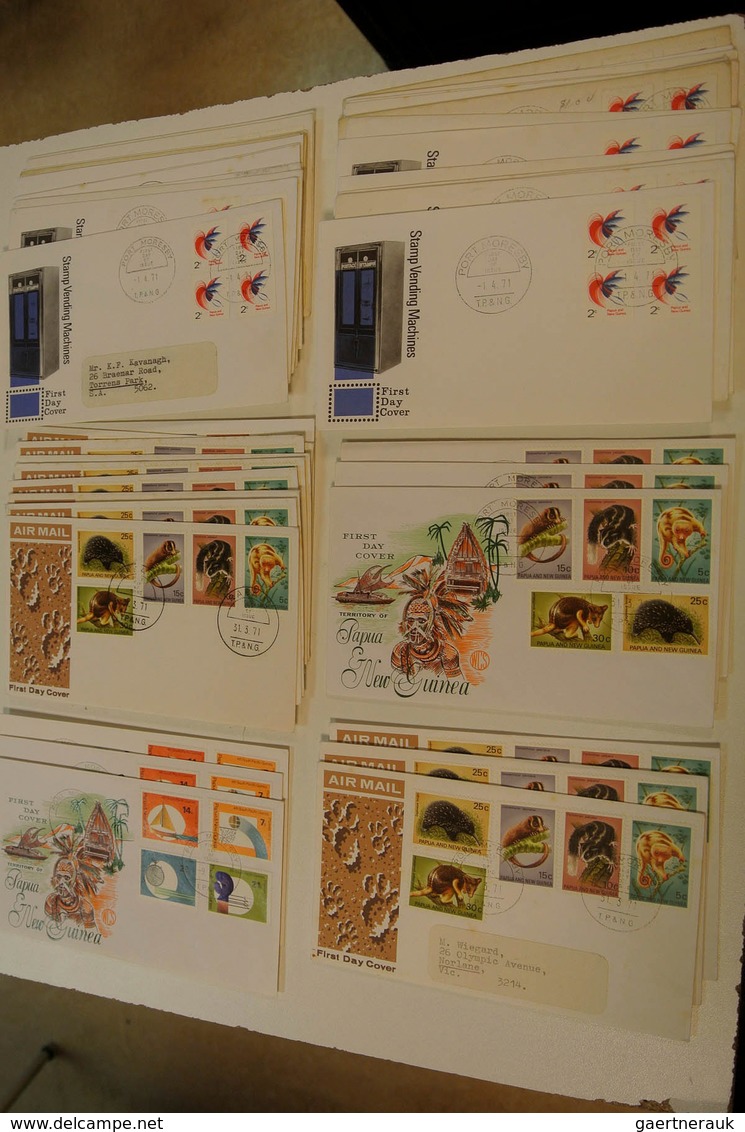 Papua Neuguinea: 1952/88: Lot of ca. 1400 FDC's of Papua New Guinea 1952-1988 in large box. Lot cont