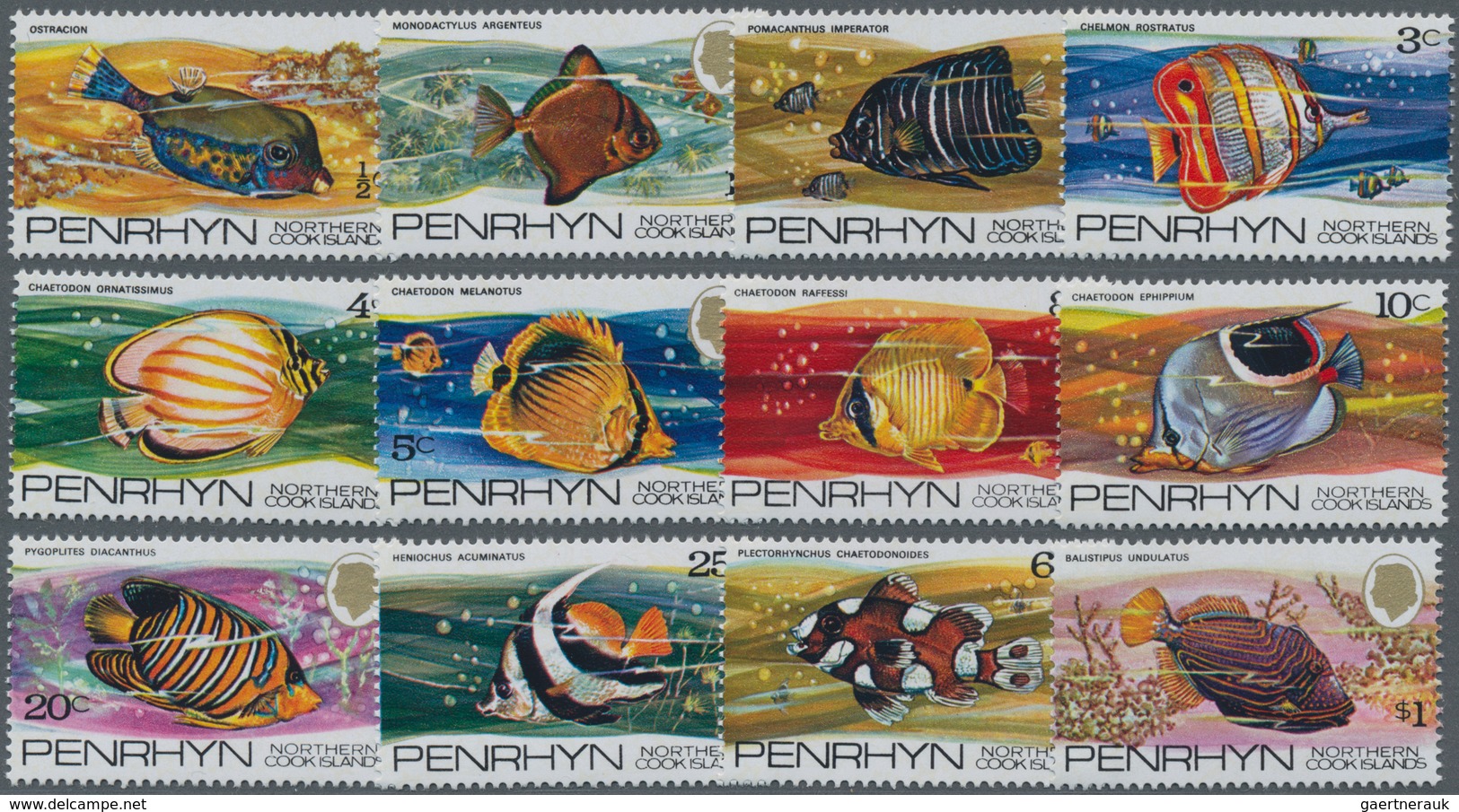 Penrhyn: 1974, Fishes Definitives Complete Set Of 12 In A Lot With About 160 Sets Mostly In Part She - Penrhyn