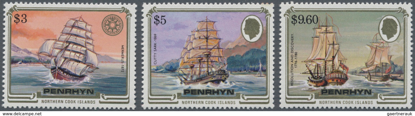 Penrhyn: 1984, Ship Definitives The Three Key Values $3 ’Mermerus‘, $5 ‚Cutty Sark‘ And $9.60 ‚Resol - Penrhyn