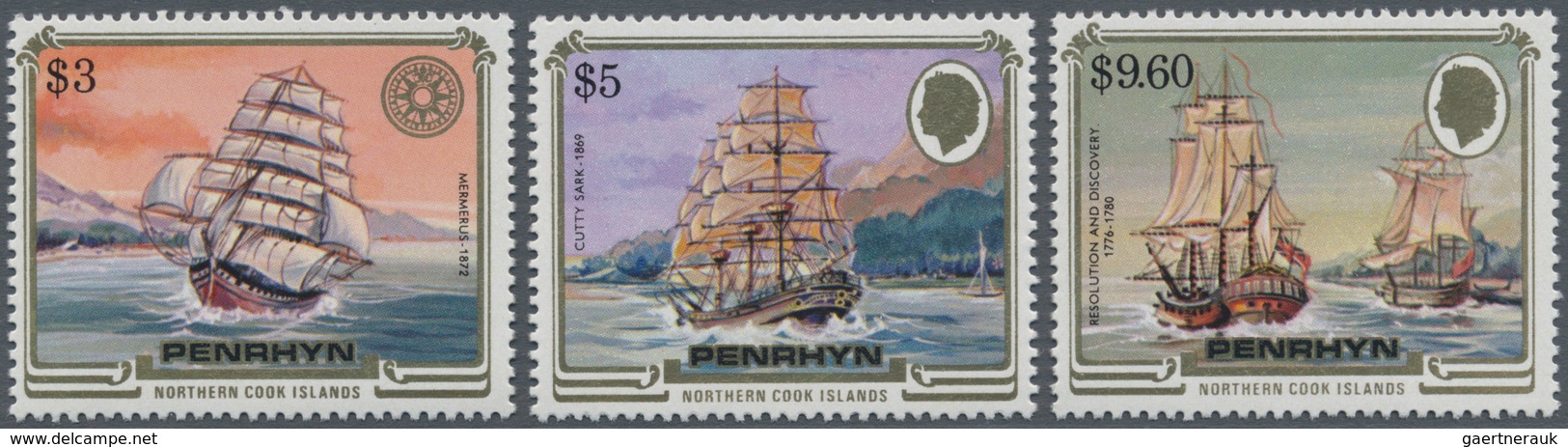 Penrhyn: 1984, Ship Definitives The Three Key Values $3 ’Mermerus‘, $5 ‚Cutty Sark‘ And $9.60 ‚Resol - Penrhyn