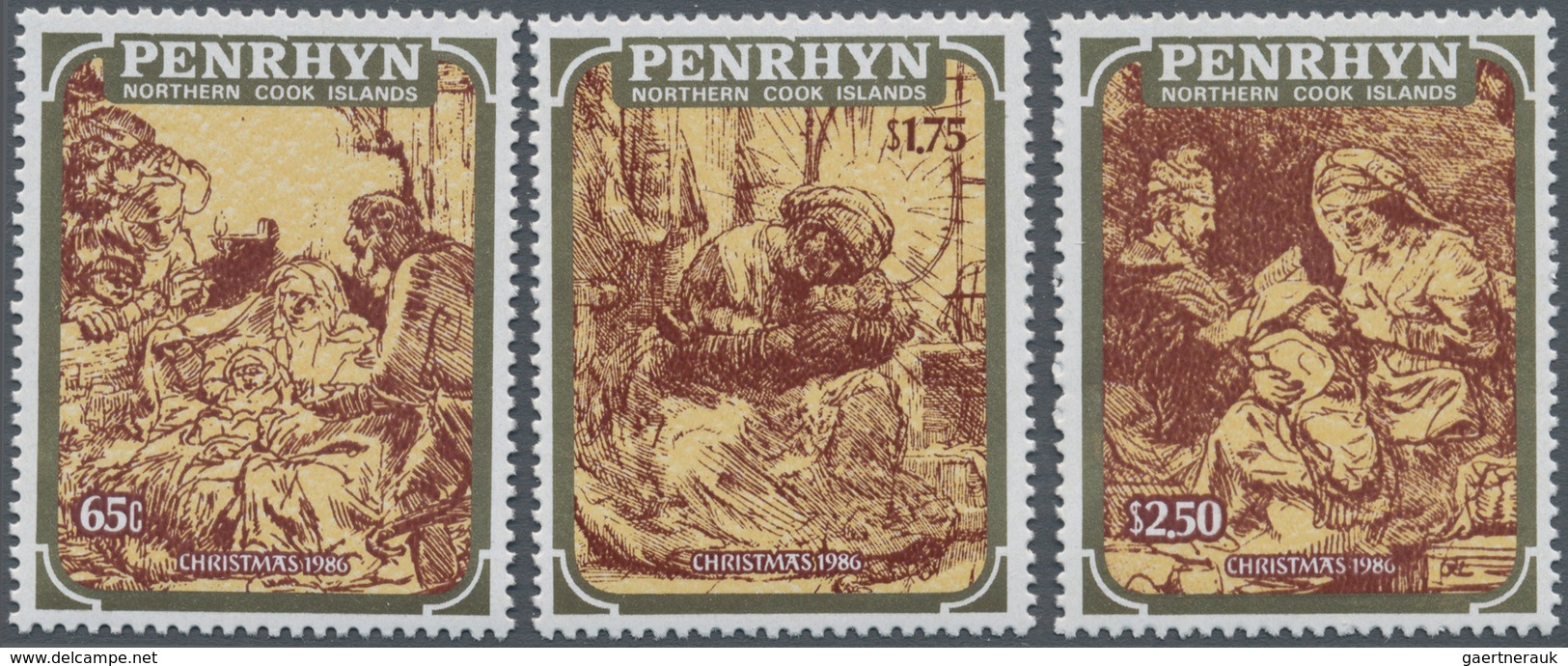 Penrhyn: 1986, Christmas Complete Set Of Three With Different Rembrandt Copperplate Engravings In A - Penrhyn
